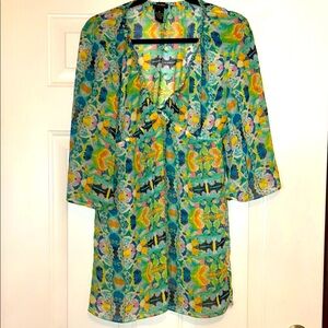 Ellen Weaver Floral Kimono Tunic Top/Dress M Colorful Sheer Swim Resort Coastal